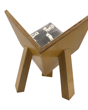 Leopold Woodworks handcrafted Baltic birch vinyl record display stand with an angled design for easy browsing.