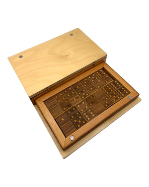 Leopold Woodworks handcrafted Double 6 domino set with maple dominoes and oak storage box on a white background.