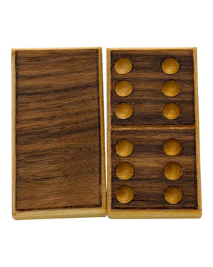 Leopold Woodworks handcrafted double 6 dominoes made from maple and walnut with detailed wood grain finish