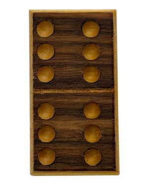 Leopold Woodworks handcrafted solid maple domino with dark walnut veneer pips showing a six-six double tile